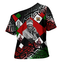 Jomo Kenyatta Cross Shoulder Shirt with Roots Resistance Renaissance and Kenyan Patchwork Pattern Tribute - Wonder Print Shop