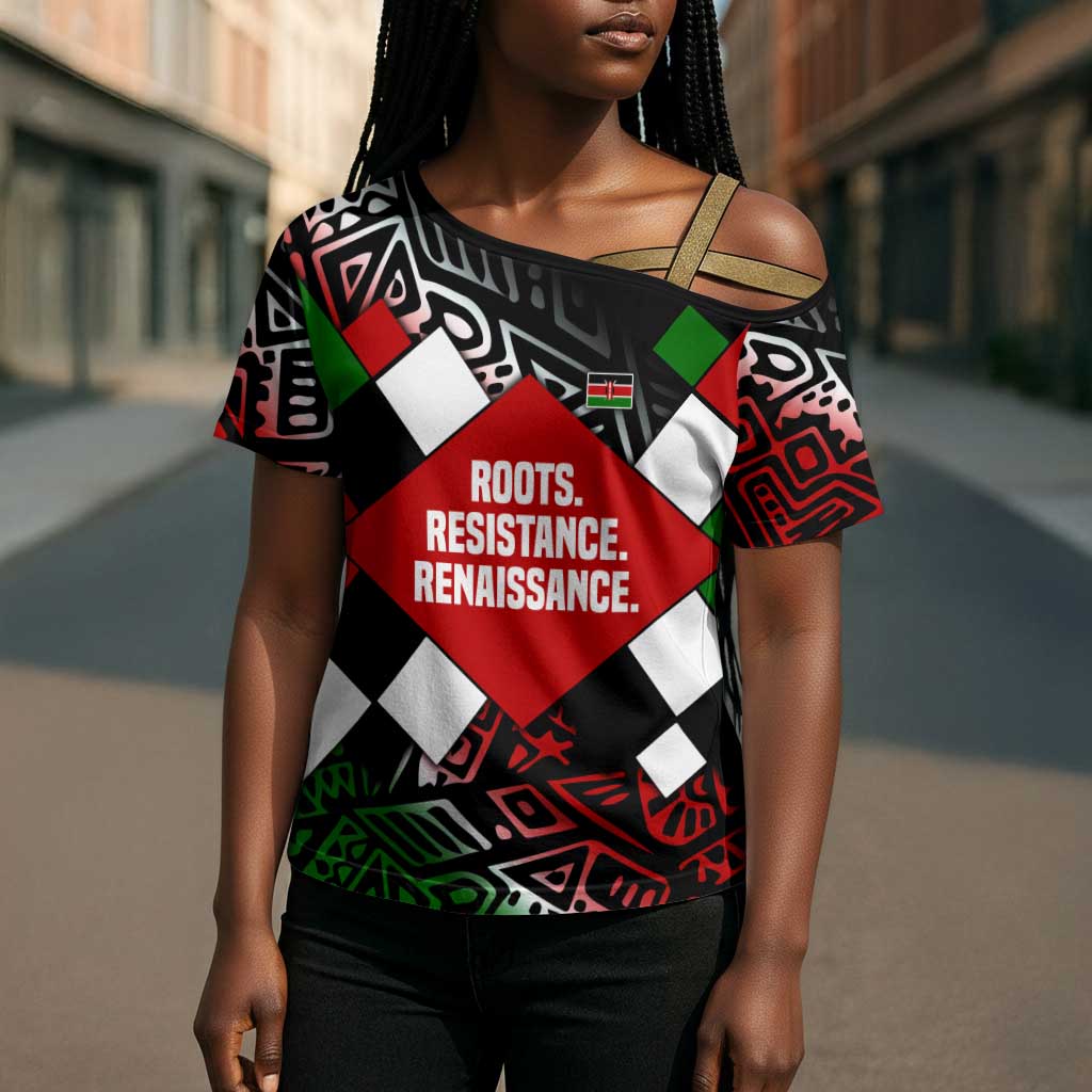Jomo Kenyatta Cross Shoulder Shirt with Roots Resistance Renaissance and Kenyan Patchwork Pattern Tribute - Wonder Print Shop