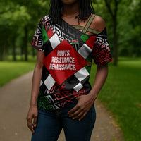 Jomo Kenyatta Cross Shoulder Shirt with Roots Resistance Renaissance and Kenyan Patchwork Pattern Tribute - Wonder Print Shop