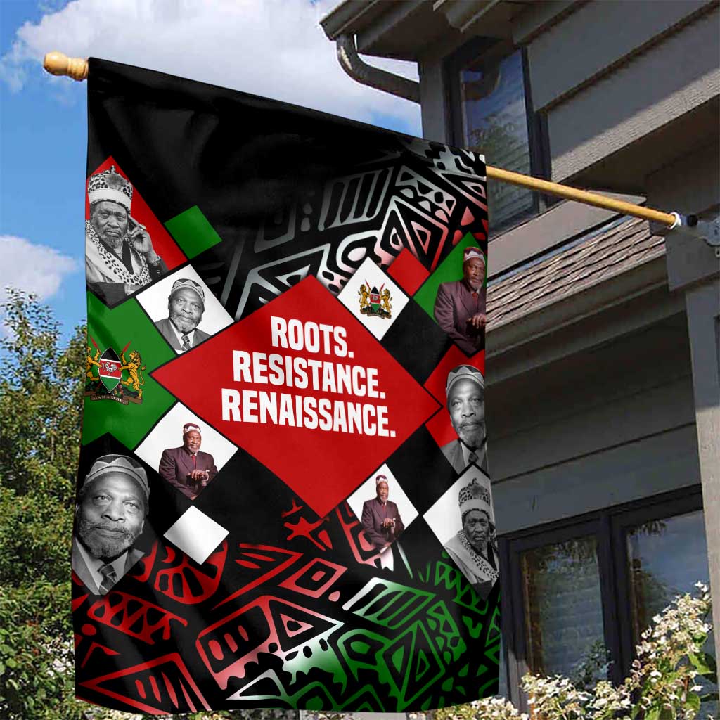 Jomo Kenyatta Garden Flag with Roots Resistance Renaissance and Kenyan Patchwork Pattern Tribute - Wonder Print Shop