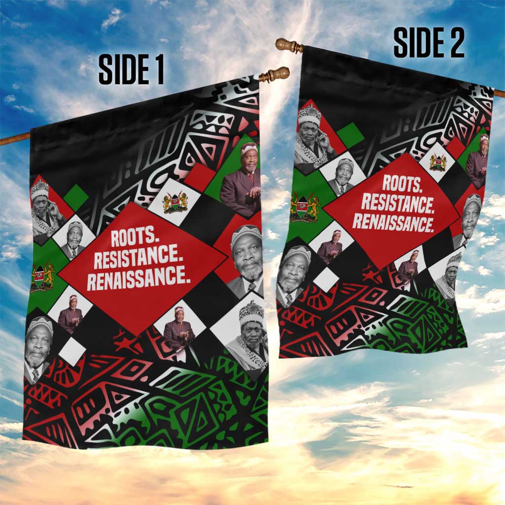 Jomo Kenyatta Garden Flag with Roots Resistance Renaissance and Kenyan Patchwork Pattern Tribute - Wonder Print Shop