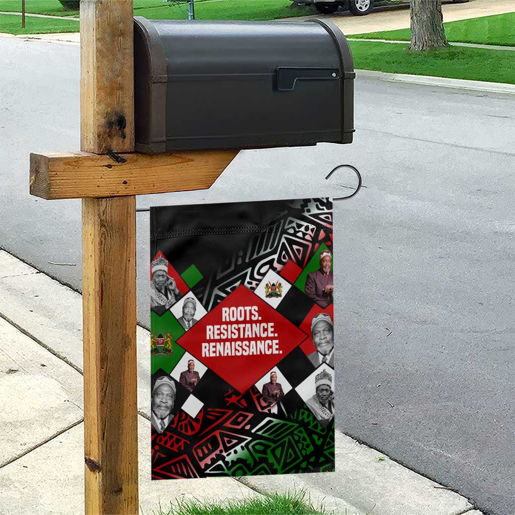 Jomo Kenyatta Garden Flag with Roots Resistance Renaissance and Kenyan Patchwork Pattern Tribute - Wonder Print Shop