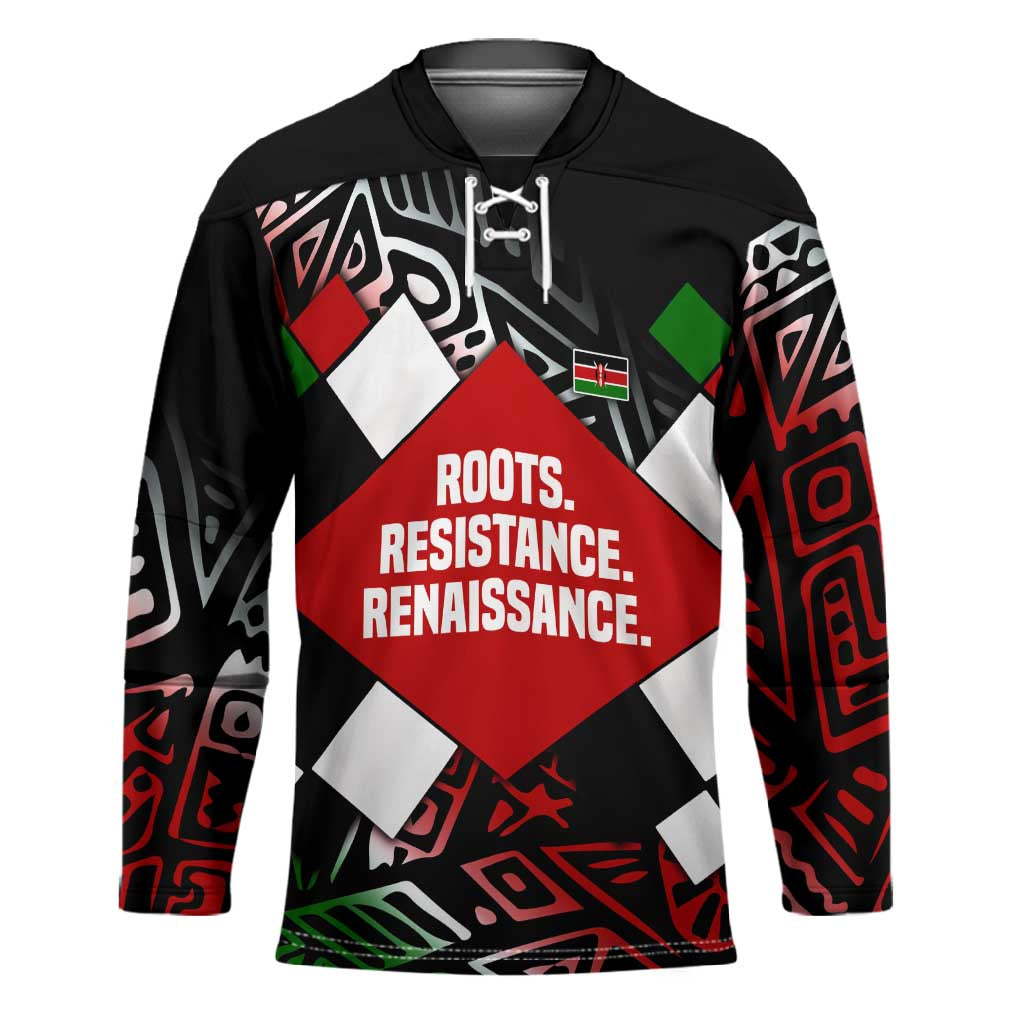 Jomo Kenyatta Hockey Jersey with Roots Resistance Renaissance and Kenyan Patchwork Pattern Tribute - Wonder Print Shop