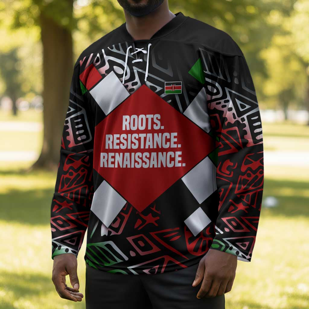Jomo Kenyatta Hockey Jersey with Roots Resistance Renaissance and Kenyan Patchwork Pattern Tribute - Wonder Print Shop
