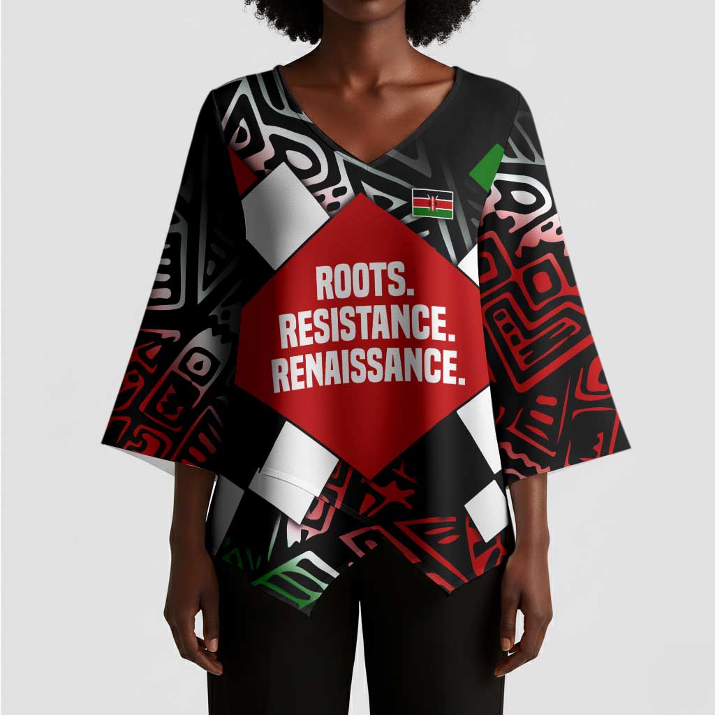 Jomo Kenyatta Kimono Sleeve Blouse with Roots Resistance Renaissance and Kenyan Patchwork Pattern Tribute - Wonder Print Shop