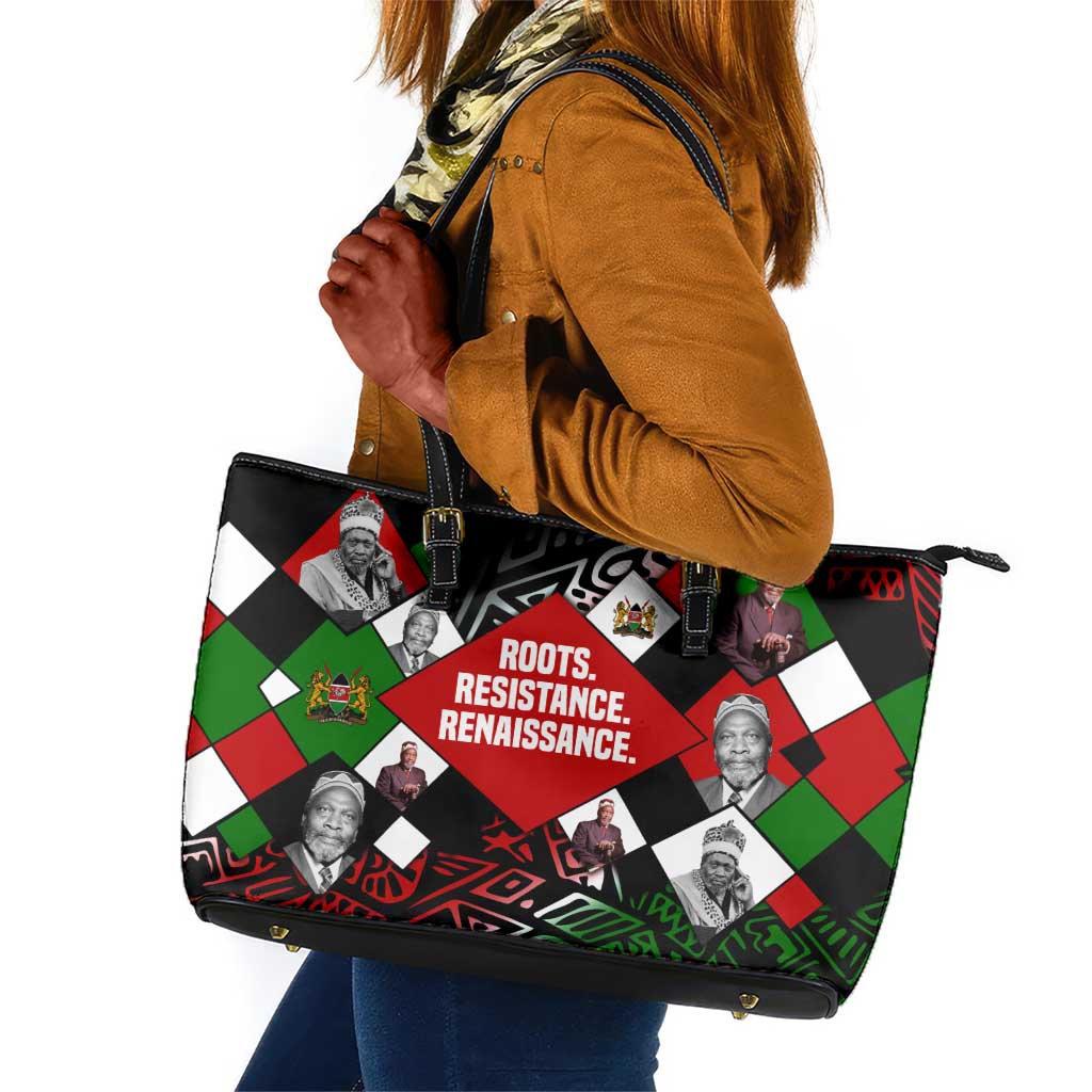 Jomo Kenyatta Leather Tote Bag with Roots Resistance Renaissance and Kenyan Patchwork Pattern Tribute - Wonder Print Shop