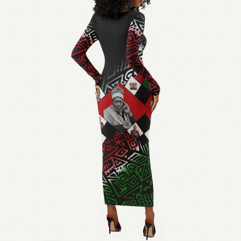 Jomo Kenyatta Long Sleeve Bodycon Dress with Roots Resistance Renaissance and Kenyan Patchwork Pattern Tribute - Wonder Print Shop
