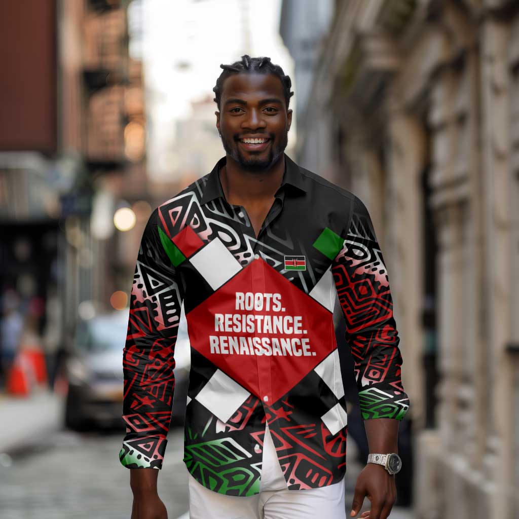 Jomo Kenyatta Long Sleeve Button Shirt with Roots Resistance Renaissance and Kenyan Patchwork Pattern Tribute - Wonder Print Shop