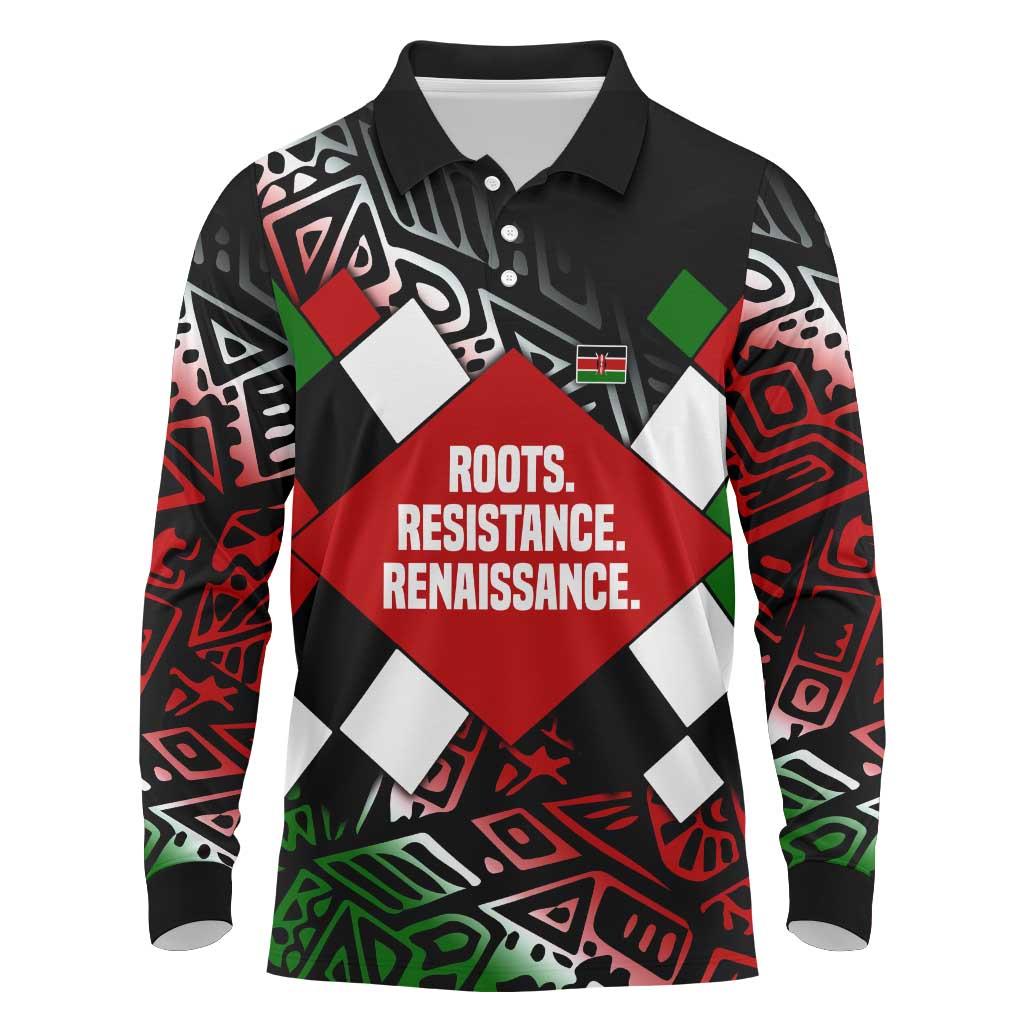 Jomo Kenyatta Long Sleeve Polo Shirt with Roots Resistance Renaissance and Kenyan Patchwork Pattern Tribute - Wonder Print Shop