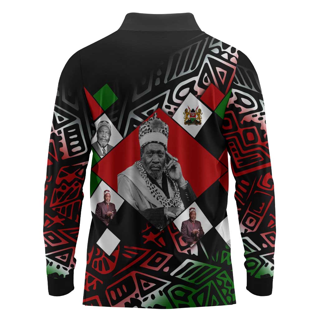 Jomo Kenyatta Long Sleeve Polo Shirt with Roots Resistance Renaissance and Kenyan Patchwork Pattern Tribute - Wonder Print Shop