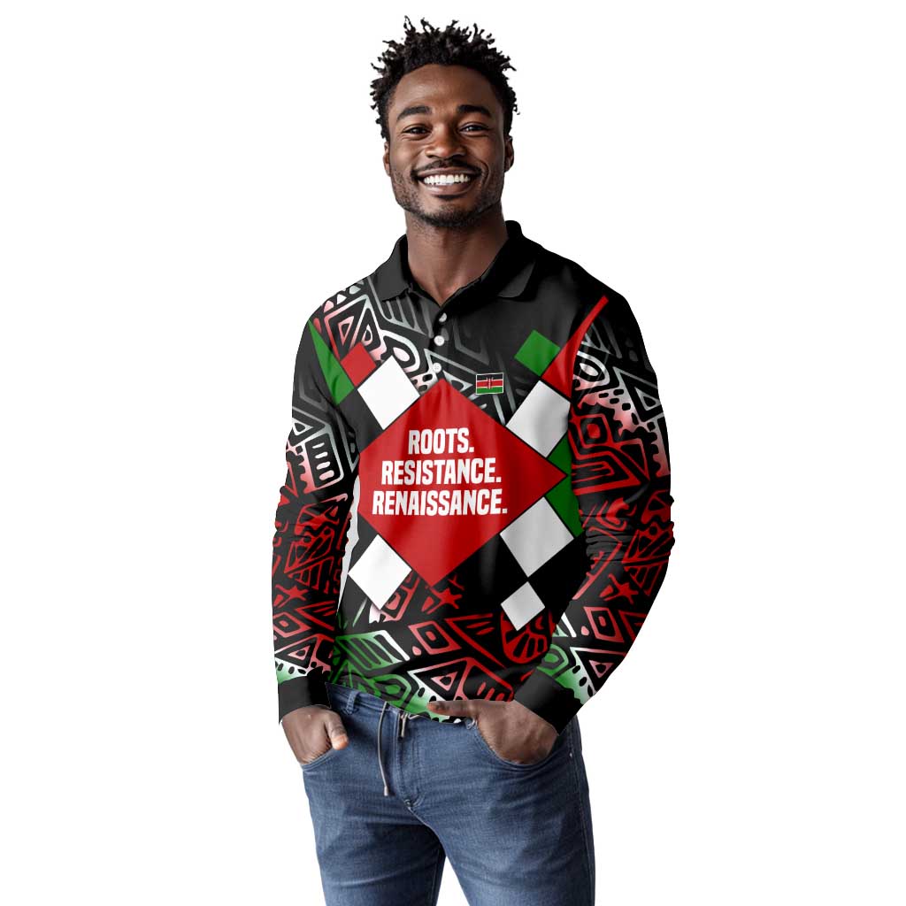 Jomo Kenyatta Long Sleeve Polo Shirt with Roots Resistance Renaissance and Kenyan Patchwork Pattern Tribute - Wonder Print Shop