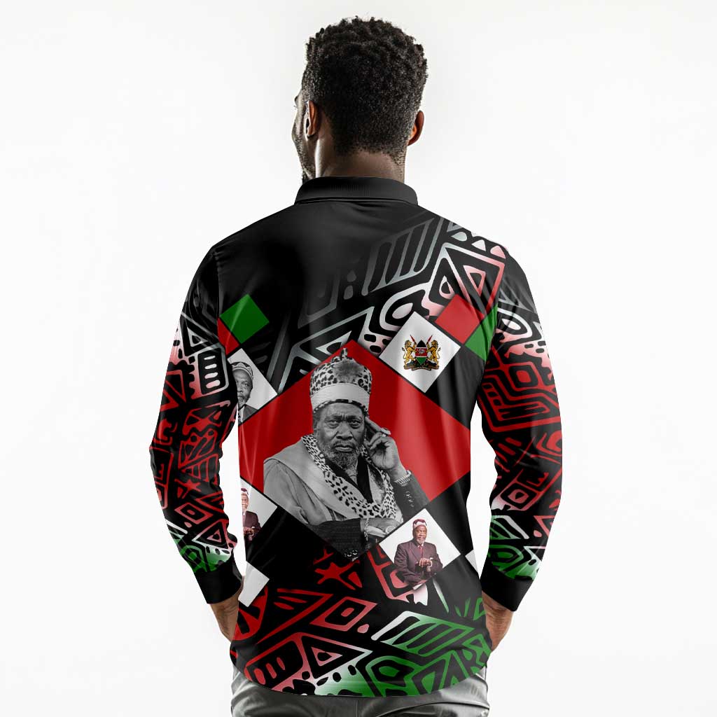 Jomo Kenyatta Long Sleeve Polo Shirt with Roots Resistance Renaissance and Kenyan Patchwork Pattern Tribute - Wonder Print Shop