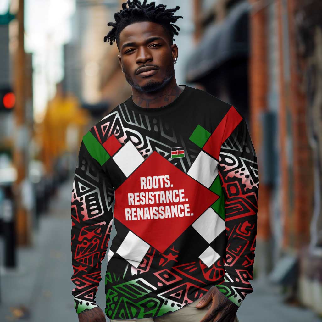 Jomo Kenyatta Long Sleeve Shirt with Roots Resistance Renaissance and Kenyan Patchwork Pattern Tribute - Wonder Print Shop