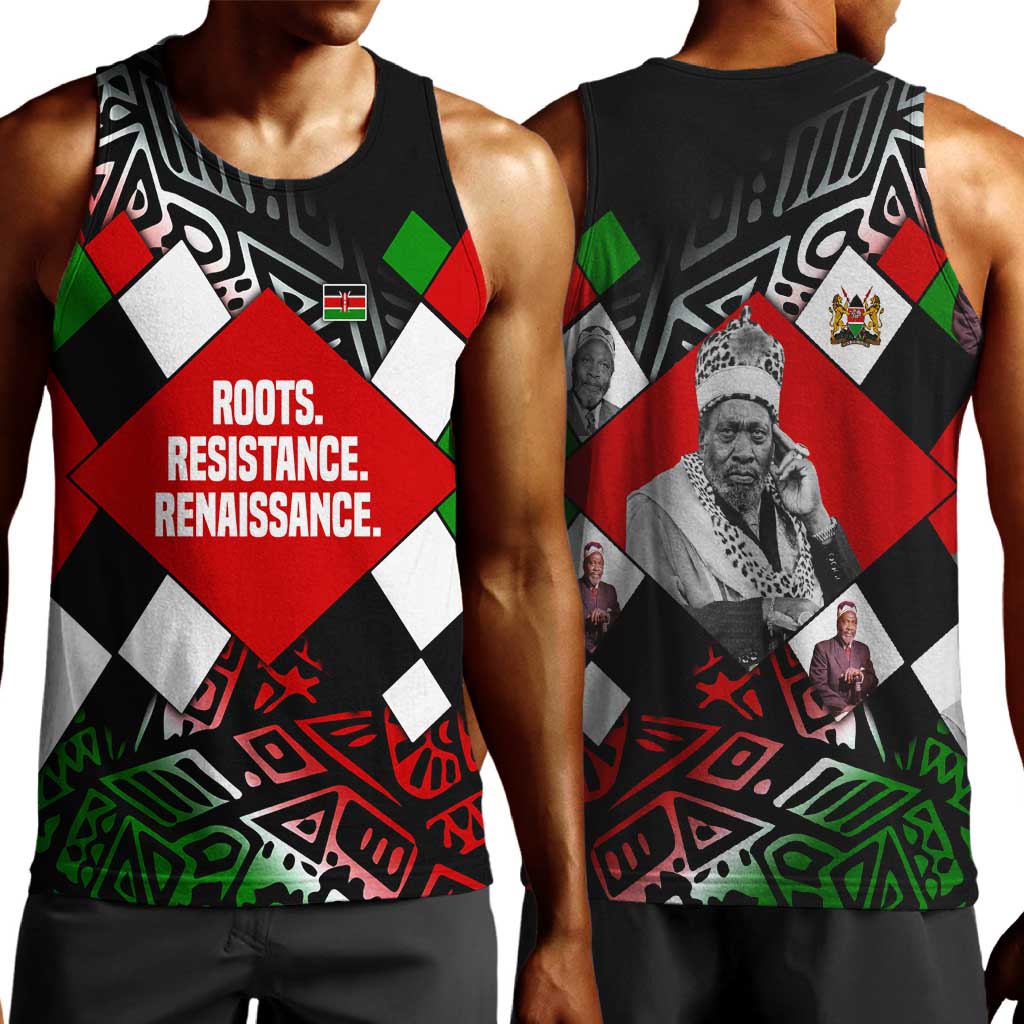 Jomo Kenyatta Men Tank Top with Roots Resistance Renaissance and Kenyan Patchwork Pattern Tribute - Wonder Print Shop