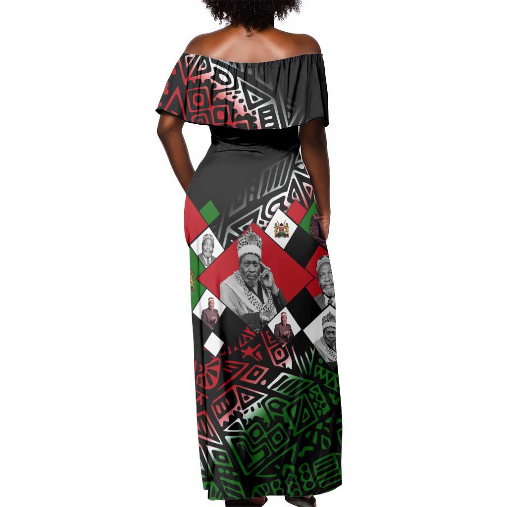 Jomo Kenyatta Off Shoulder Maxi Dress with Roots Resistance Renaissance and Kenyan Patchwork Pattern Tribute - Wonder Print Shop