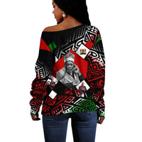 Jomo Kenyatta Off Shoulder Sweater with Roots Resistance Renaissance and Kenyan Patchwork Pattern Tribute - Wonder Print Shop