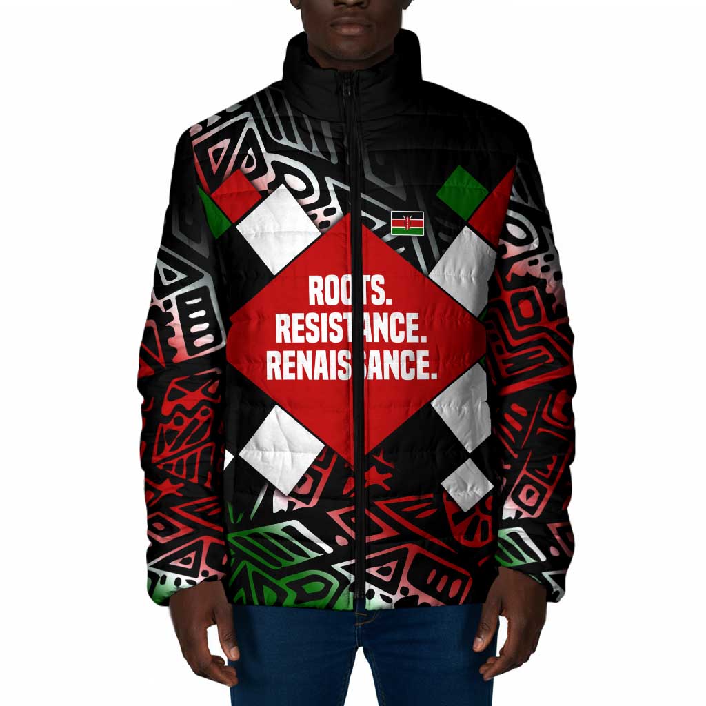 Jomo Kenyatta Padded Jacket with Roots Resistance Renaissance and Kenyan Patchwork Pattern Tribute - Wonder Print Shop