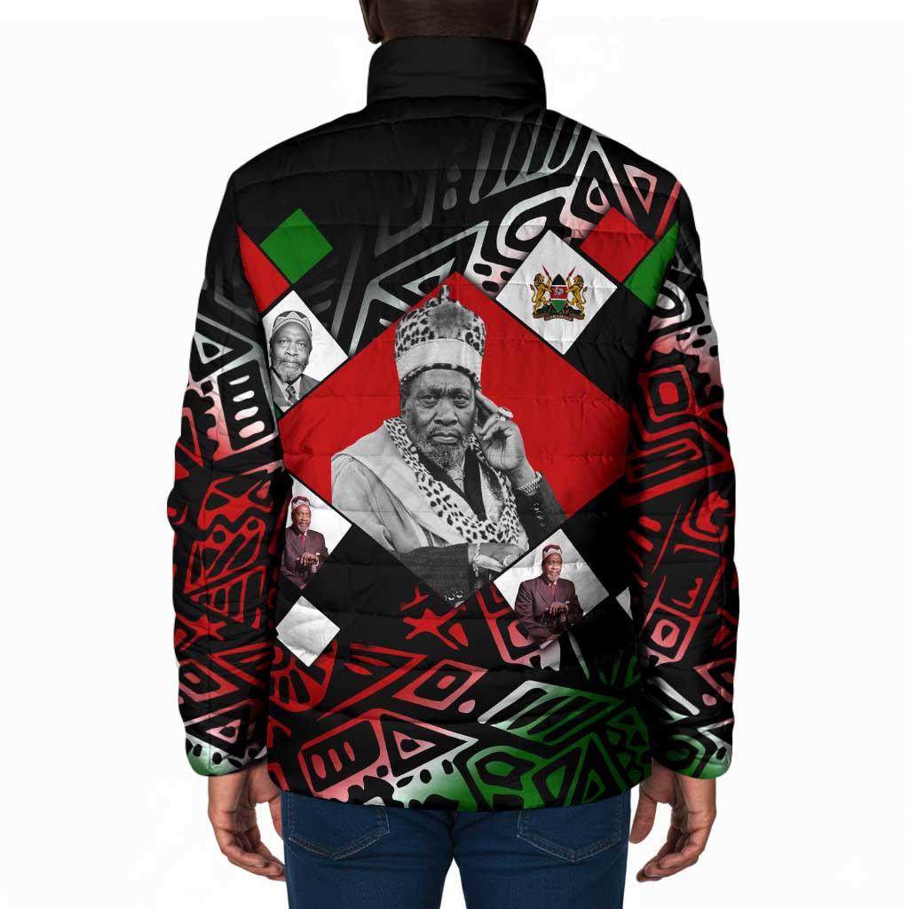 Jomo Kenyatta Padded Jacket with Roots Resistance Renaissance and Kenyan Patchwork Pattern Tribute - Wonder Print Shop