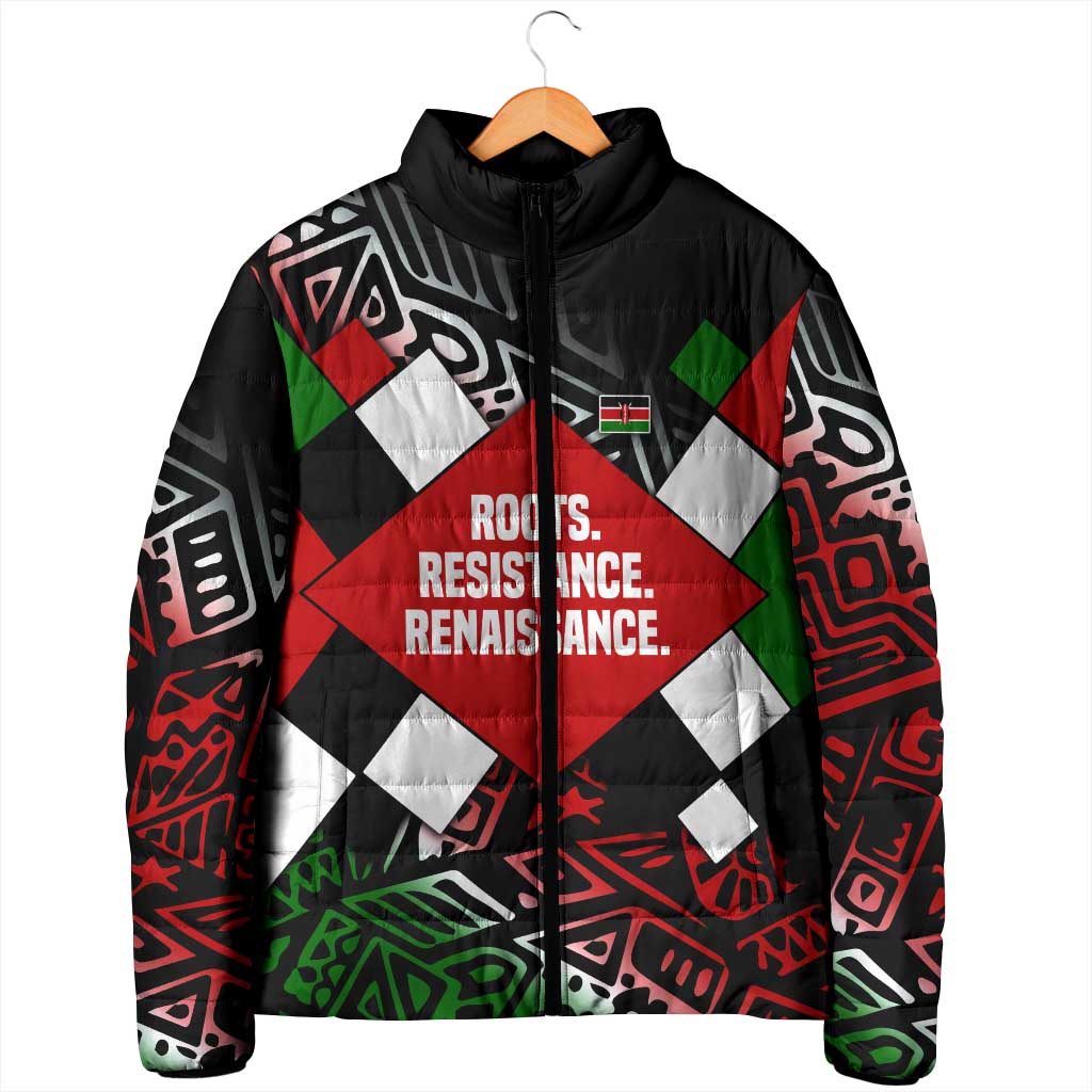 Jomo Kenyatta Padded Jacket with Roots Resistance Renaissance and Kenyan Patchwork Pattern Tribute - Wonder Print Shop