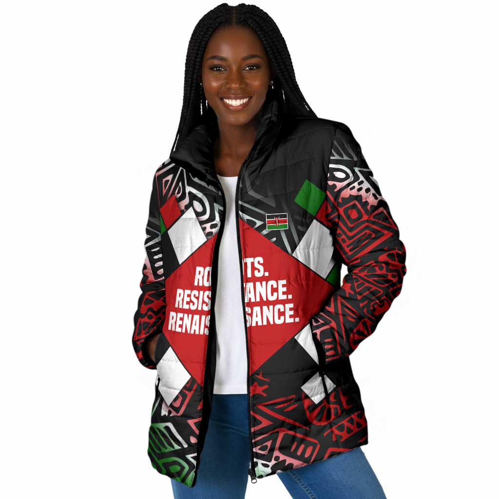 Jomo Kenyatta Padded Jacket with Roots Resistance Renaissance and Kenyan Patchwork Pattern Tribute - Wonder Print Shop