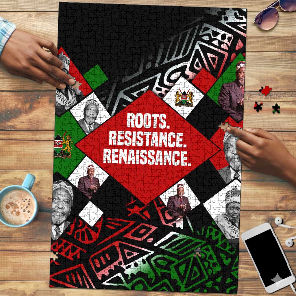 Jomo Kenyatta Puzzle with Roots Resistance Renaissance and Kenyan Patchwork Pattern Tribute - Wonder Print Shop
