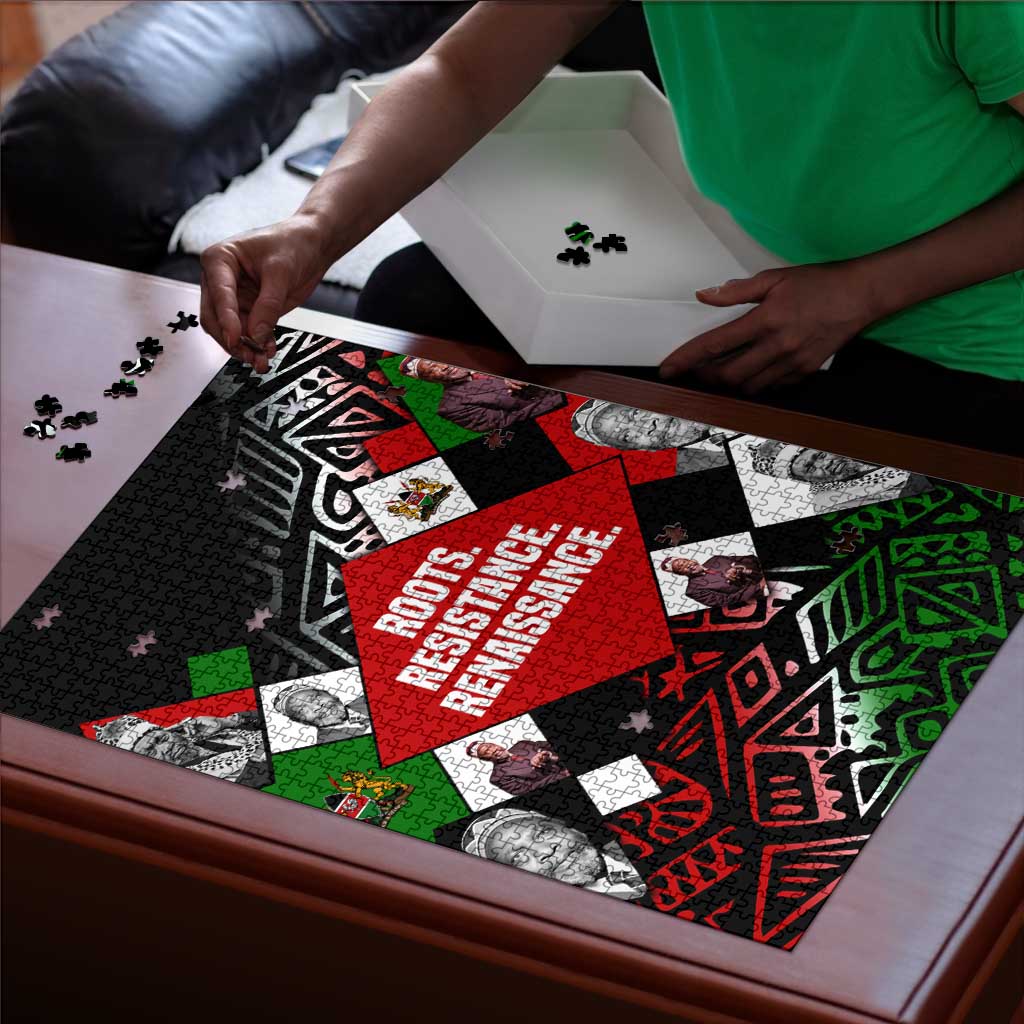 Jomo Kenyatta Puzzle with Roots Resistance Renaissance and Kenyan Patchwork Pattern Tribute - Wonder Print Shop