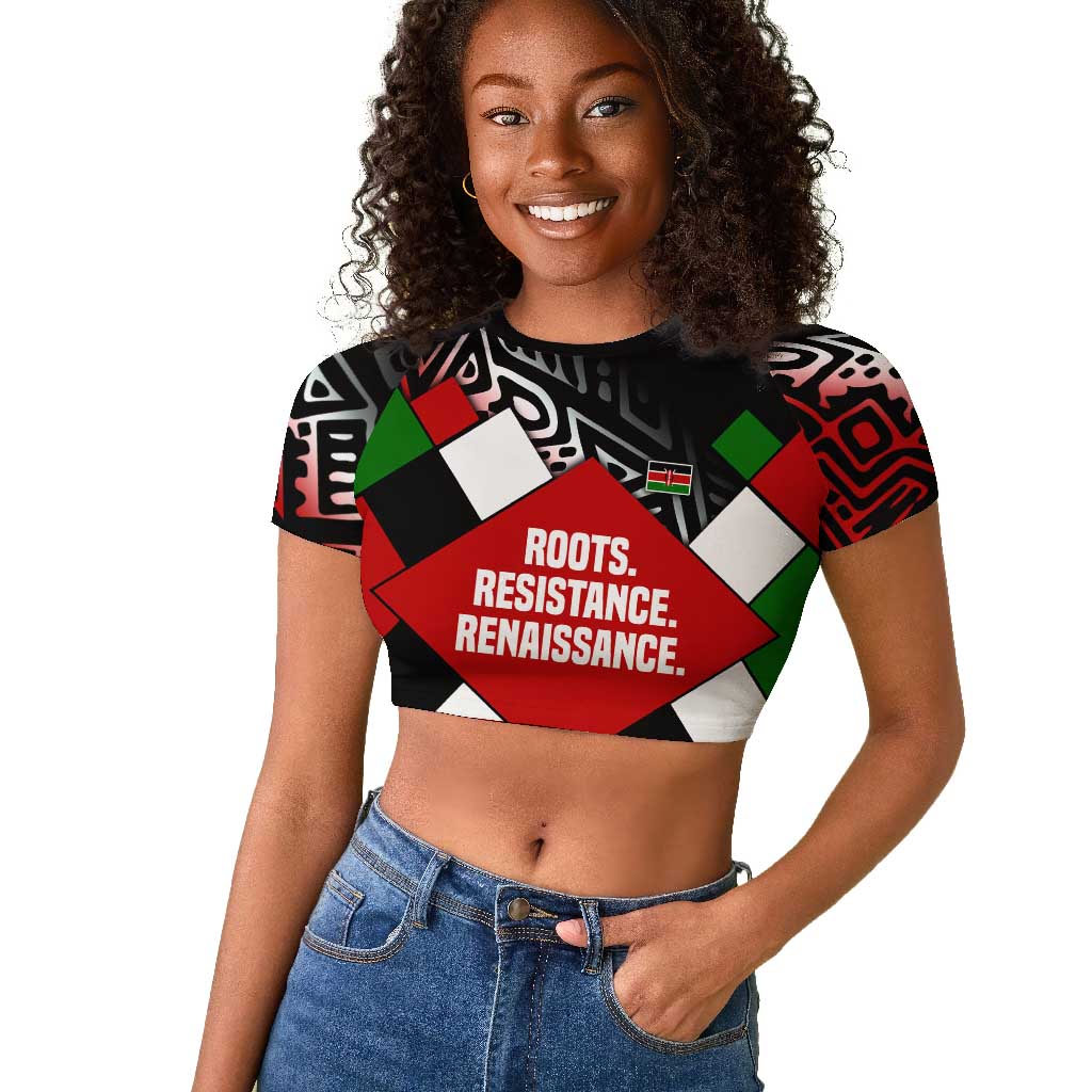 Jomo Kenyatta Raglan Cropped T shirt with Roots Resistance Renaissance and Kenyan Patchwork Pattern Tribute - Wonder Print Shop