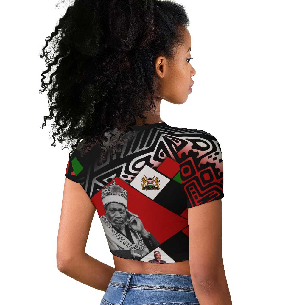 Jomo Kenyatta Raglan Cropped T shirt with Roots Resistance Renaissance and Kenyan Patchwork Pattern Tribute - Wonder Print Shop