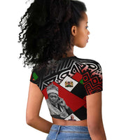 Jomo Kenyatta Raglan Cropped T shirt with Roots Resistance Renaissance and Kenyan Patchwork Pattern Tribute - Wonder Print Shop
