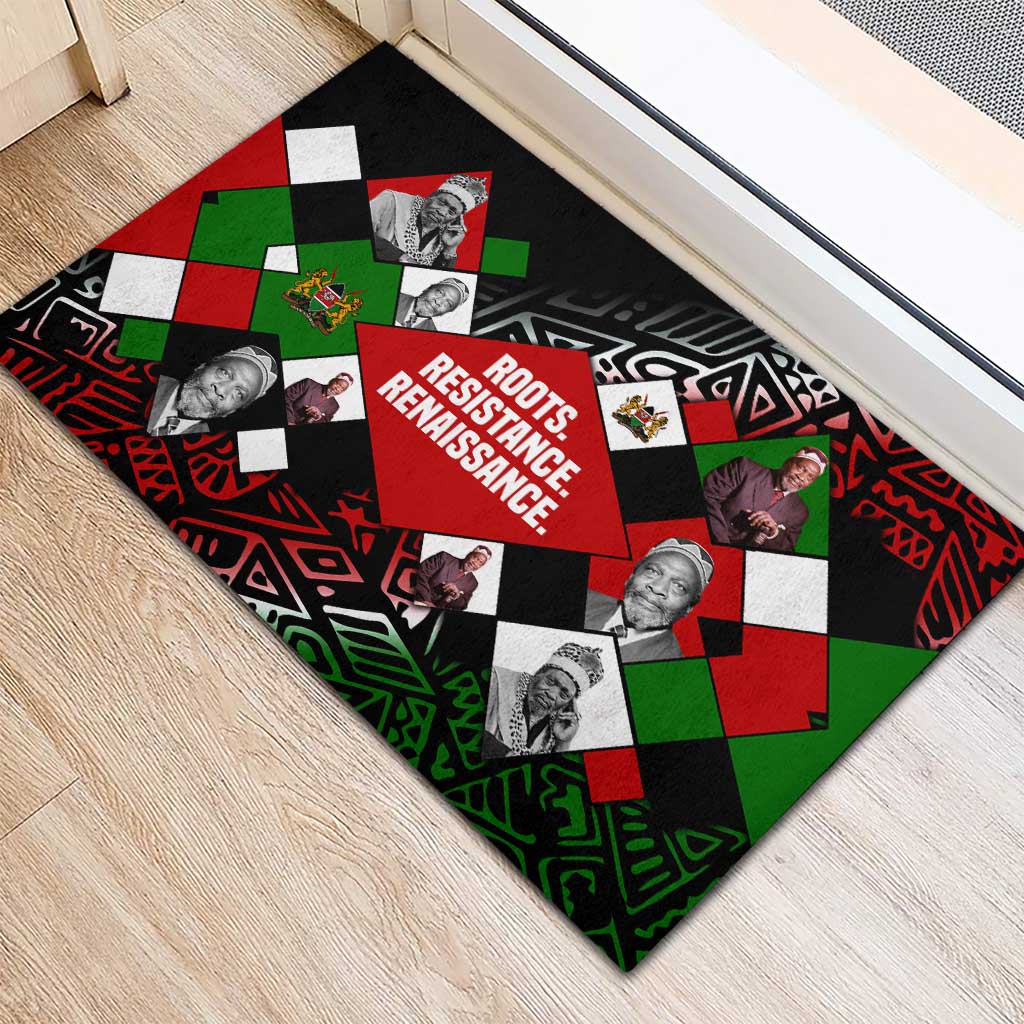 Jomo Kenyatta Rubber Doormat with Roots Resistance Renaissance and Kenyan Patchwork Pattern Tribute - Wonder Print Shop