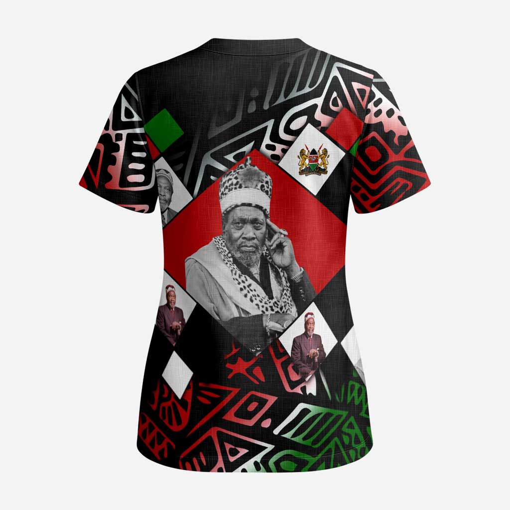 Jomo Kenyatta Scrub Top with Roots Resistance Renaissance and Kenyan Patchwork Pattern Tribute - Wonder Print Shop