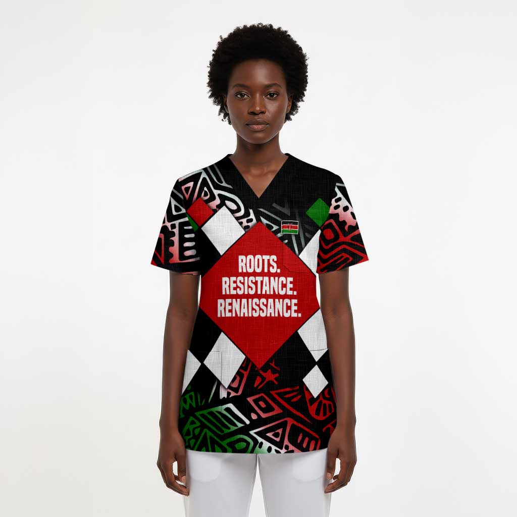 Jomo Kenyatta Scrub Top with Roots Resistance Renaissance and Kenyan Patchwork Pattern Tribute - Wonder Print Shop