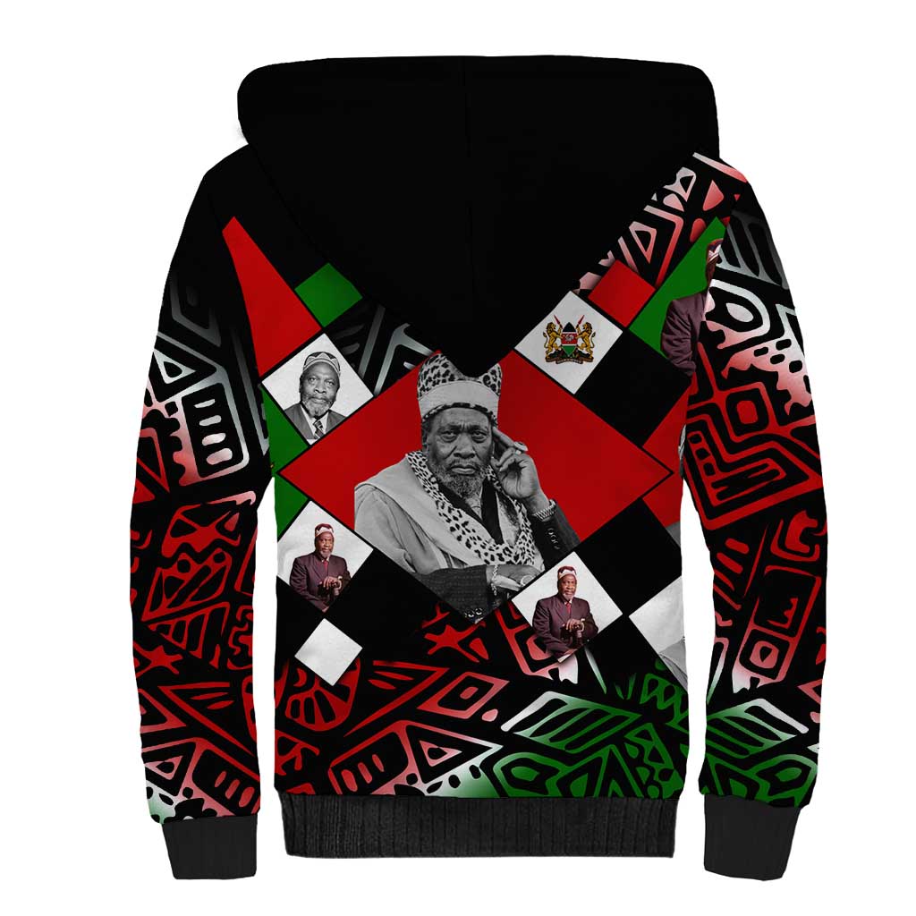 Jomo Kenyatta Sherpa Hoodie with Roots Resistance Renaissance and Kenyan Patchwork Pattern Tribute - Wonder Print Shop