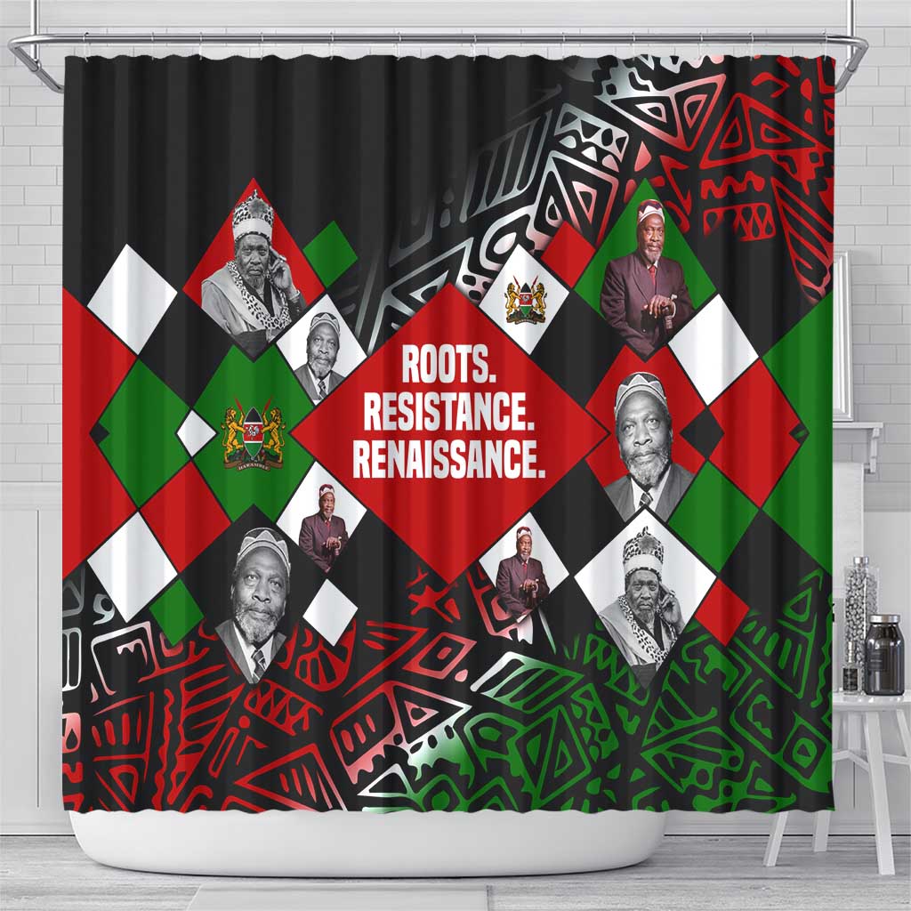 Jomo Kenyatta Shower Curtain with Roots Resistance Renaissance and Kenyan Patchwork Pattern Tribute - Wonder Print Shop