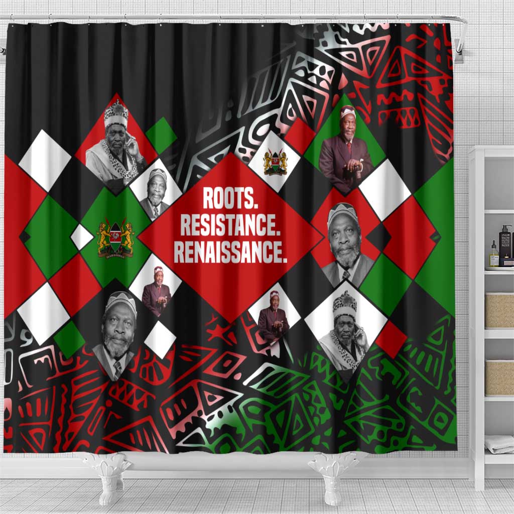Jomo Kenyatta Shower Curtain with Roots Resistance Renaissance and Kenyan Patchwork Pattern Tribute - Wonder Print Shop