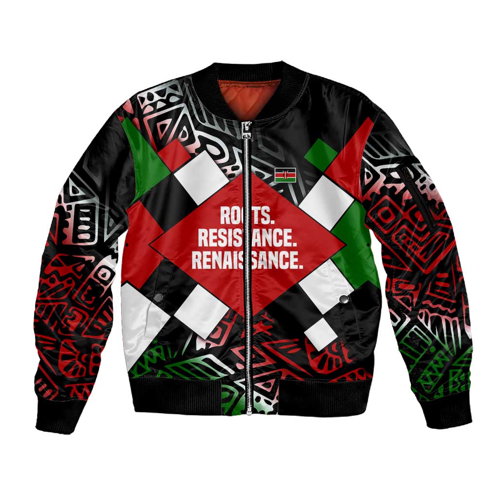 Jomo Kenyatta Sleeve Zip Bomber Jacket with Roots Resistance Renaissance and Kenyan Patchwork Pattern Tribute - Wonder Print Shop