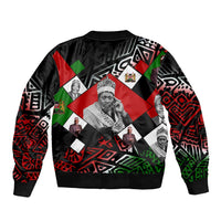 Jomo Kenyatta Sleeve Zip Bomber Jacket with Roots Resistance Renaissance and Kenyan Patchwork Pattern Tribute - Wonder Print Shop
