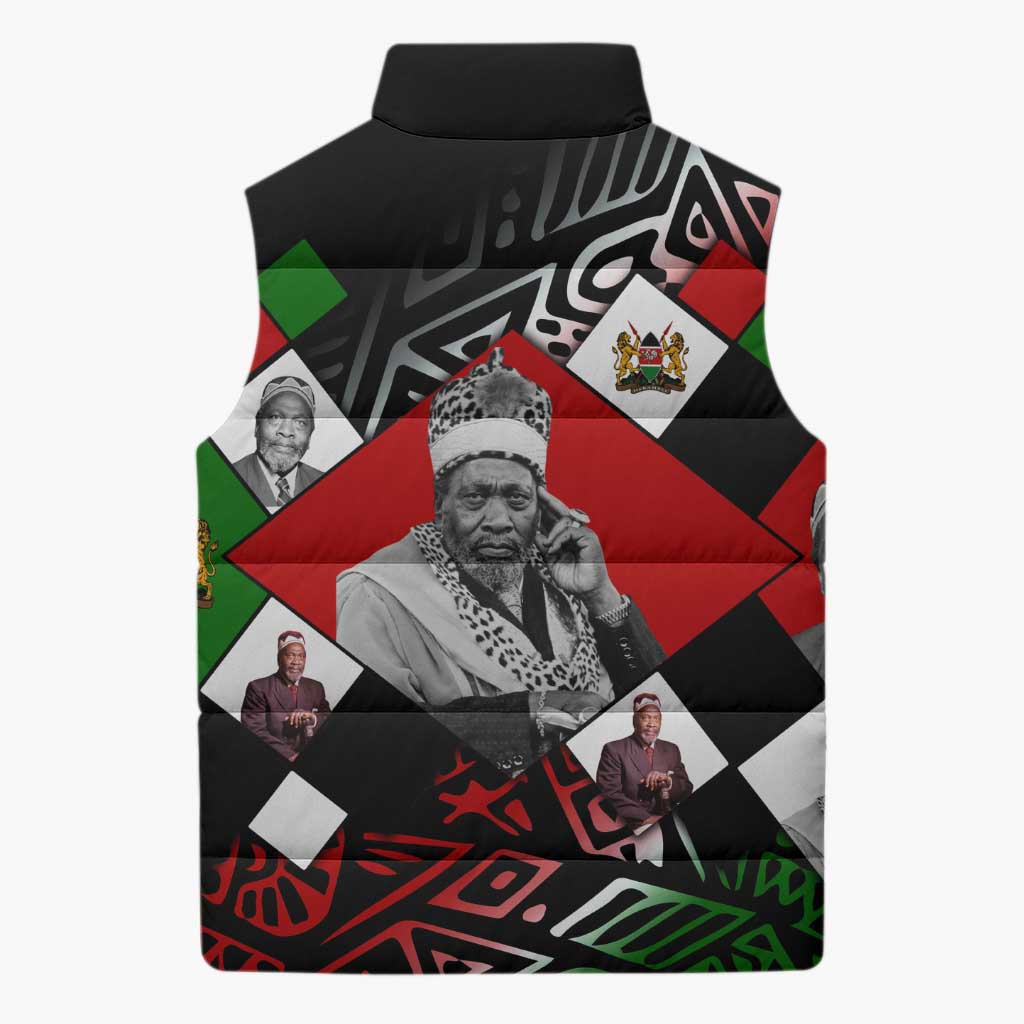 Jomo Kenyatta Sleeveless Puffer Jacket with Roots Resistance Renaissance and Kenyan Patchwork Pattern Tribute - Wonder Print Shop