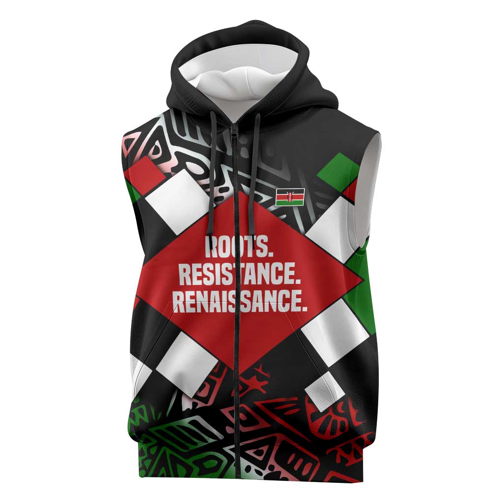 Jomo Kenyatta Sleeveless Zip Hoodie with Roots Resistance Renaissance and Kenyan Patchwork Pattern Tribute - Wonder Print Shop