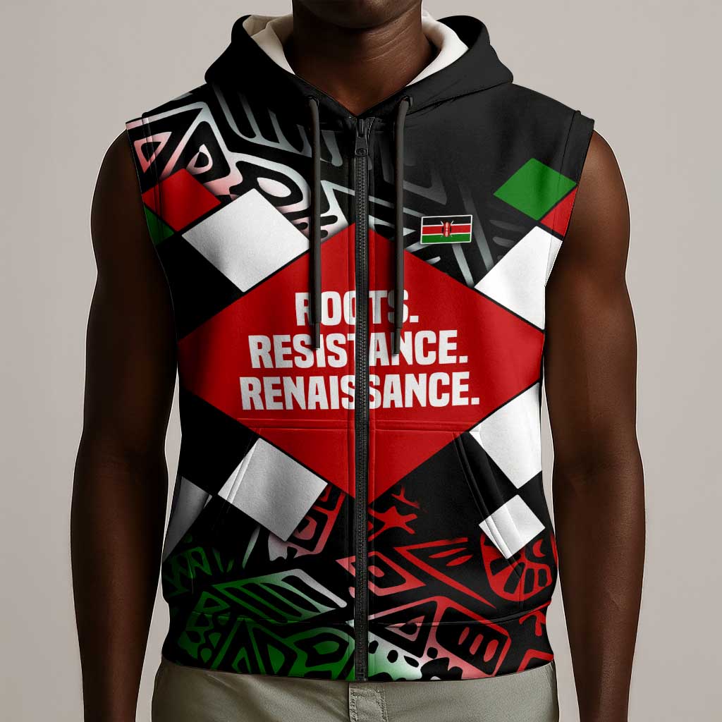 Jomo Kenyatta Sleeveless Zip Hoodie with Roots Resistance Renaissance and Kenyan Patchwork Pattern Tribute - Wonder Print Shop