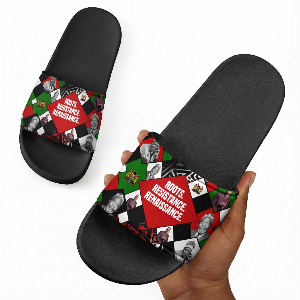 Jomo Kenyatta Slide Sandals with Roots Resistance Renaissance and Kenyan Patchwork Pattern Tribute - Wonder Print Shop