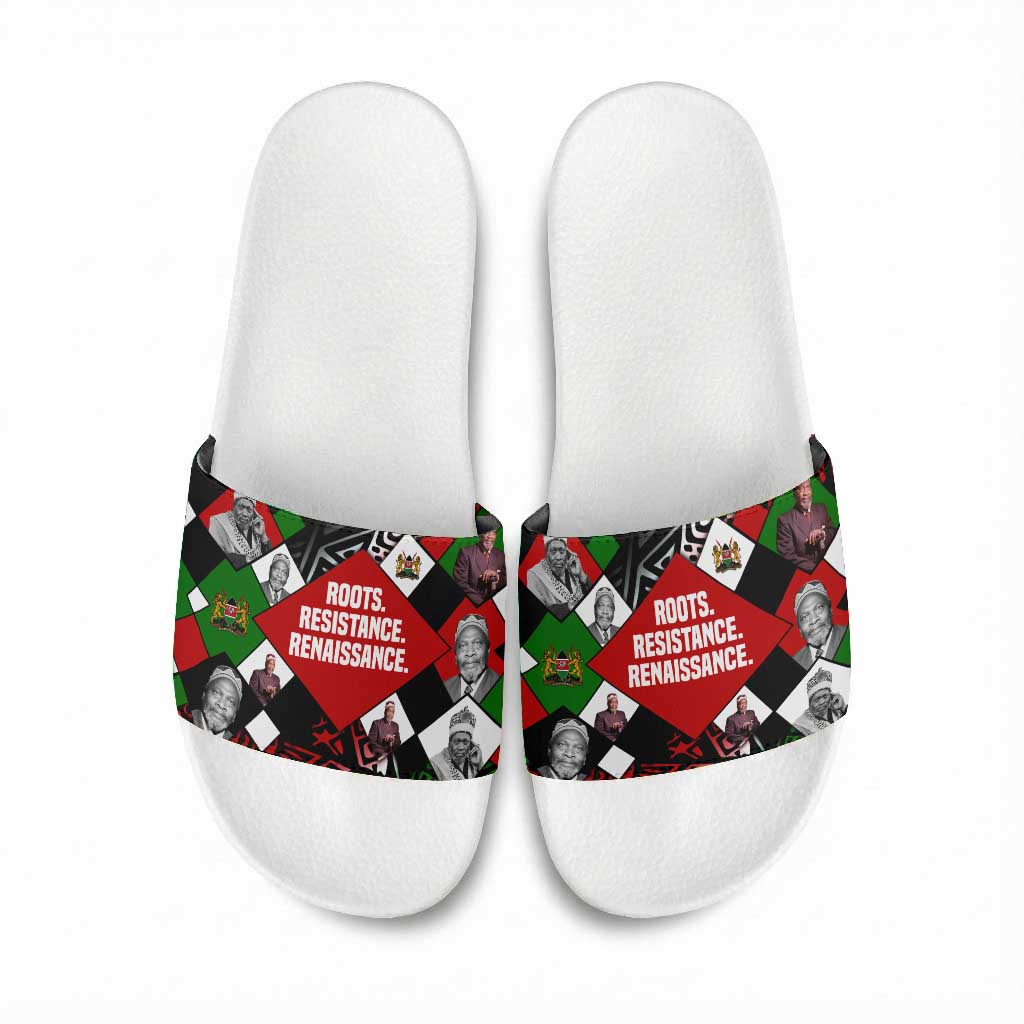 Jomo Kenyatta Slide Sandals with Roots Resistance Renaissance and Kenyan Patchwork Pattern Tribute - Wonder Print Shop