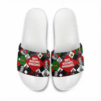 Jomo Kenyatta Slide Sandals with Roots Resistance Renaissance and Kenyan Patchwork Pattern Tribute - Wonder Print Shop