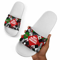 Jomo Kenyatta Slide Sandals with Roots Resistance Renaissance and Kenyan Patchwork Pattern Tribute - Wonder Print Shop