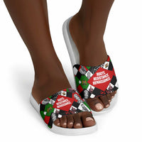 Jomo Kenyatta Slide Sandals with Roots Resistance Renaissance and Kenyan Patchwork Pattern Tribute - Wonder Print Shop