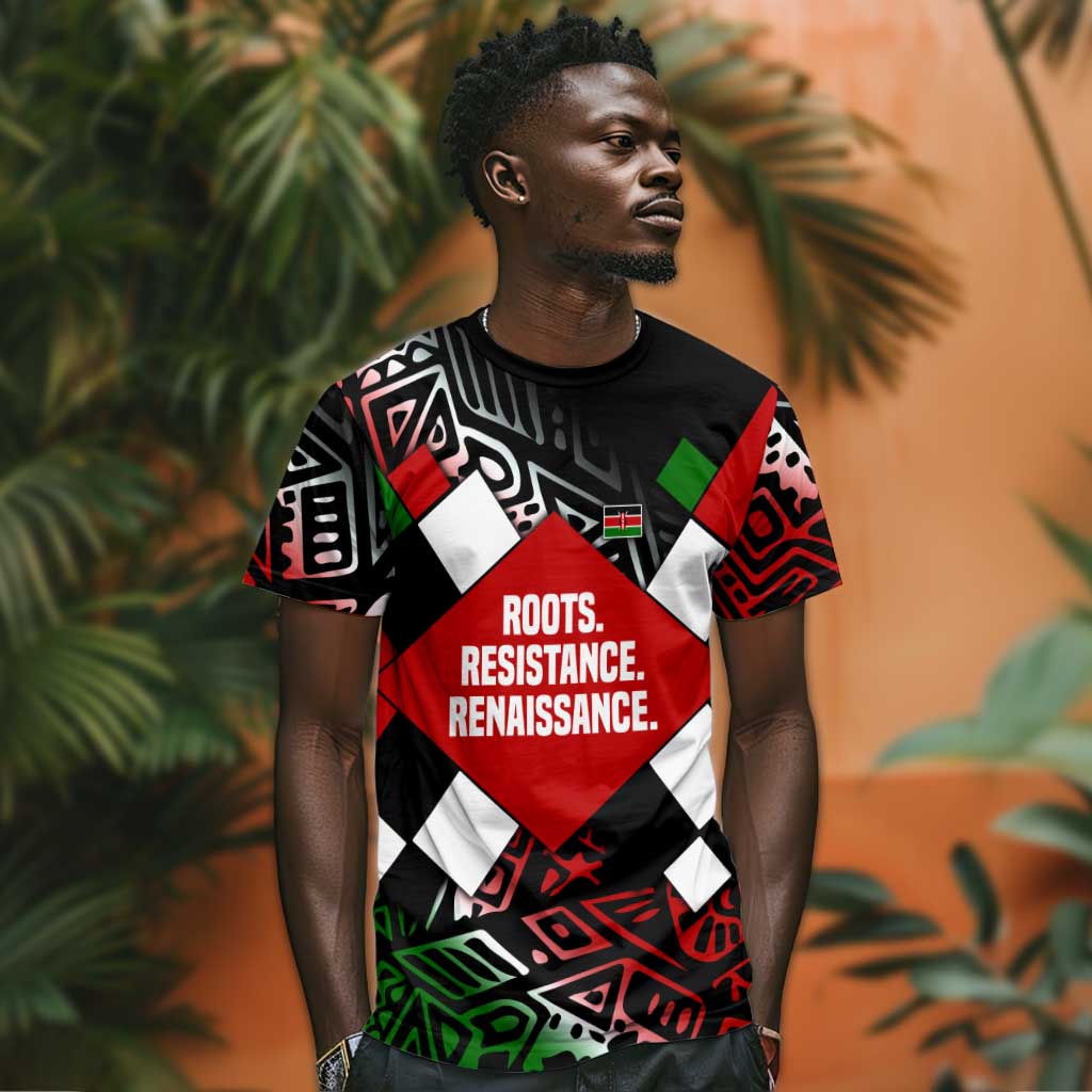 Jomo Kenyatta T shirt with Roots Resistance Renaissance and Kenyan Patchwork Pattern Tribute - Wonder Print Shop