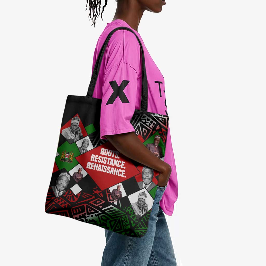 Jomo Kenyatta Tote Bag with Roots Resistance Renaissance and Kenyan Patchwork Pattern Tribute - Wonder Print Shop
