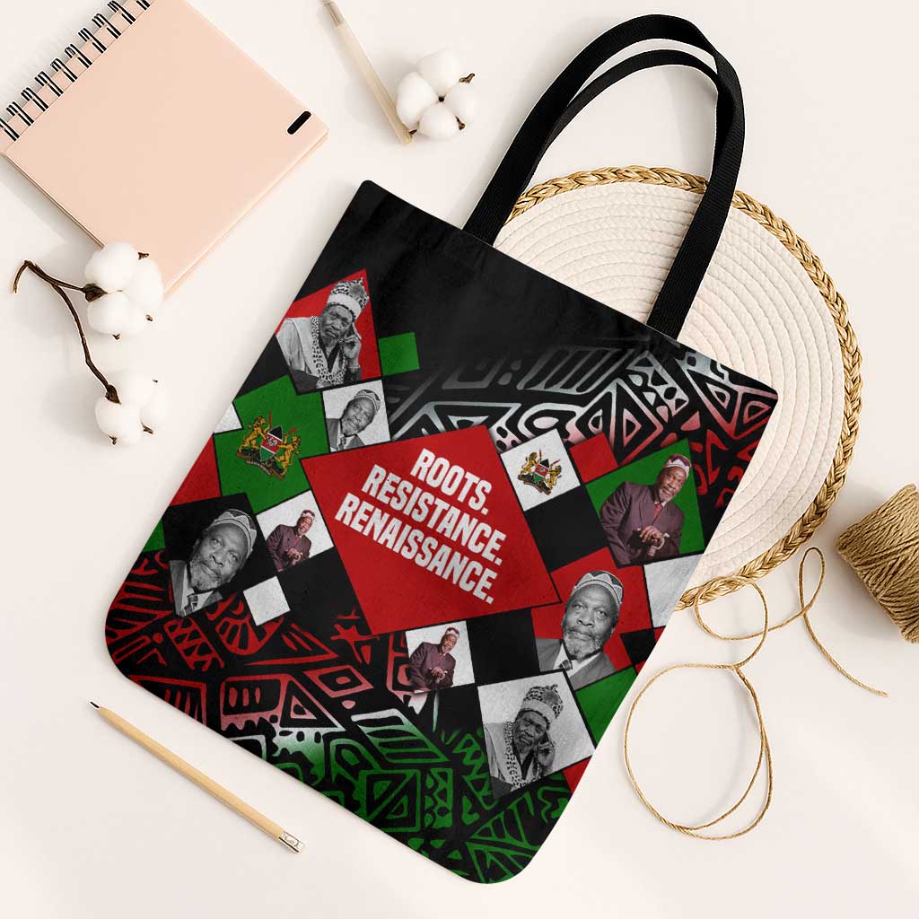 Jomo Kenyatta Tote Bag with Roots Resistance Renaissance and Kenyan Patchwork Pattern Tribute - Wonder Print Shop