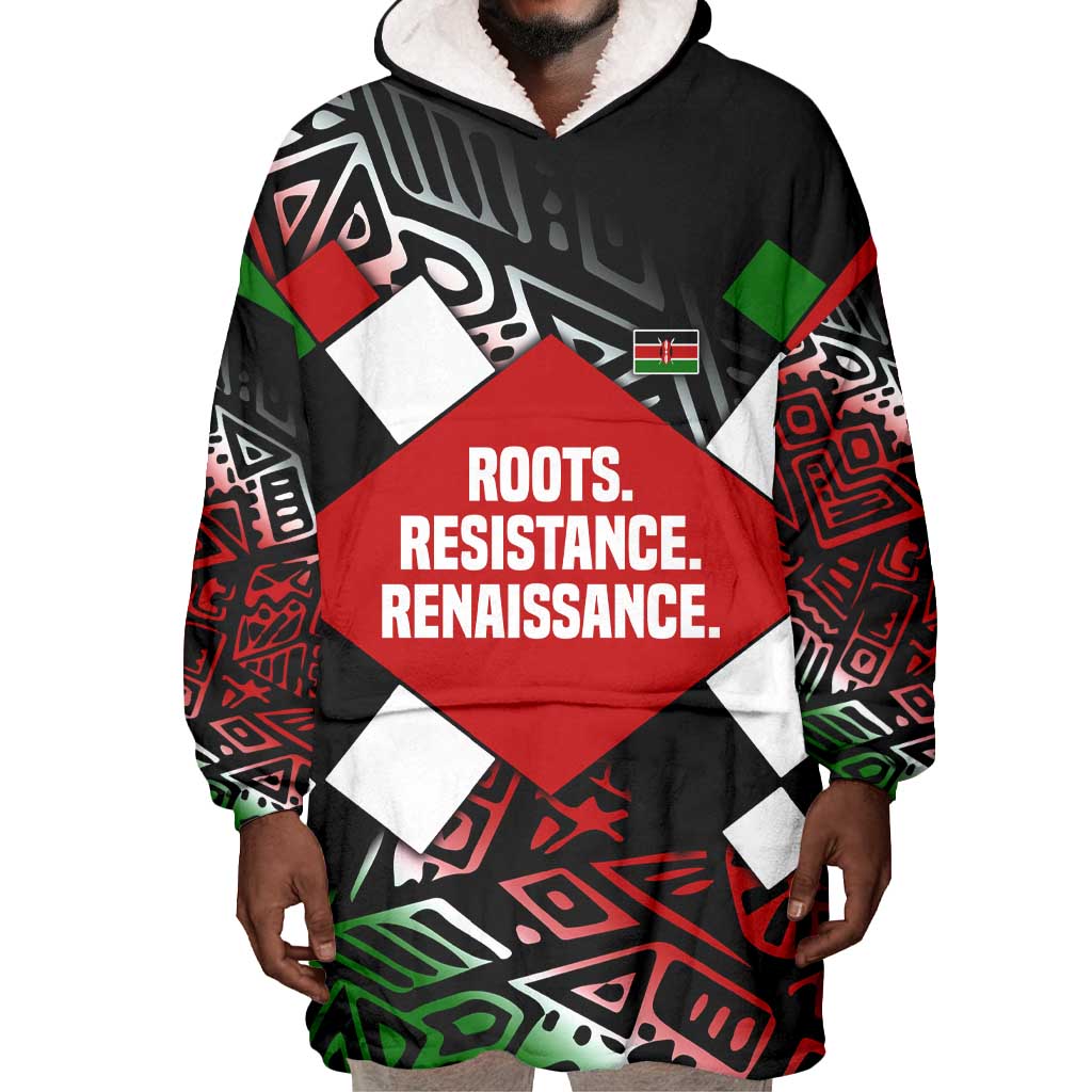 Jomo Kenyatta Wearable Blanket Hoodie with Roots Resistance Renaissance and Kenyan Patchwork Pattern Tribute - Wonder Print Shop