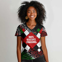 Jomo Kenyatta Women V-Neck T-Shirt with Roots Resistance Renaissance and Kenyan Patchwork Pattern Tribute - Wonder Print Shop